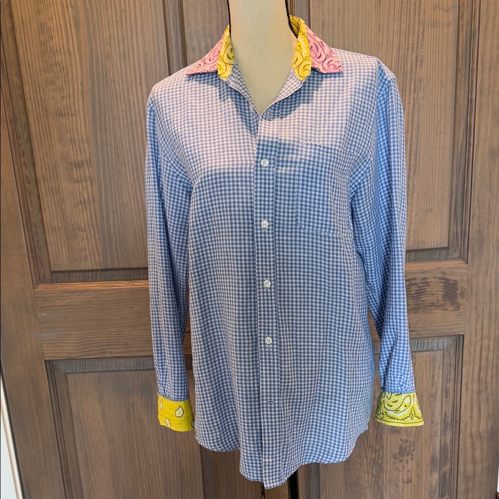 Rami Basha woman’s blue checkered with pink and yellow bandana custom trim.